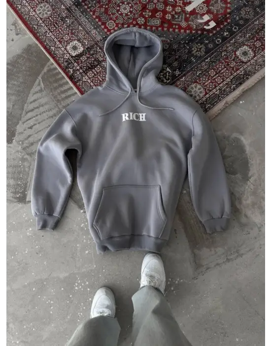 Uzun Kol Kapşonlu Göğüs Baskılı SweatShirt - Gri