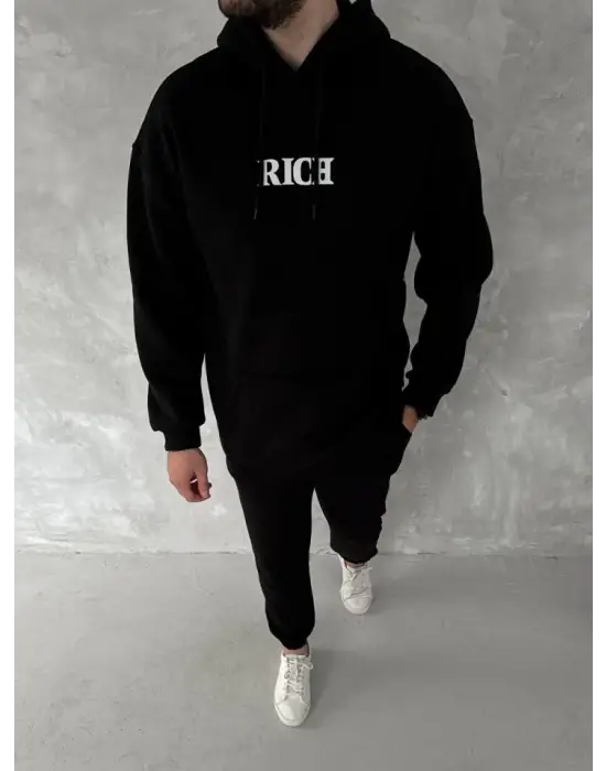 Uzun Kol Kapşonlu Göğüs Baskılı SweatShirt - Siyah
