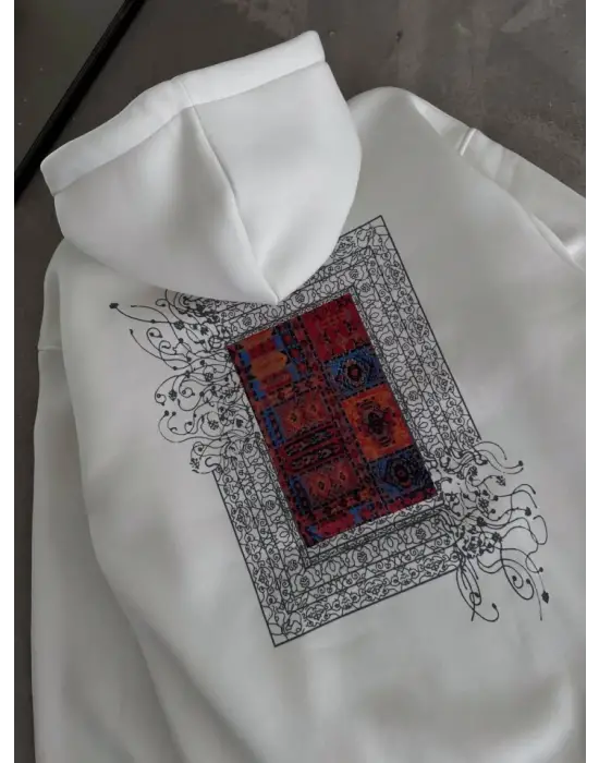 Uzun Kol Kapşonlu Ön Ve Arka Baskılı SweatShirt - Beyaz