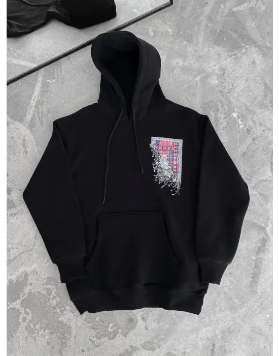 Uzun Kol Kapşonlu Ön Ve Arka Baskılı SweatShirt - Siyah