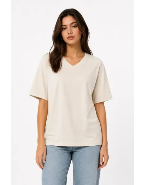 V Yaka Basic Tişört Kısa Kol Yazlık Regular Fit T-Shirt - Bej