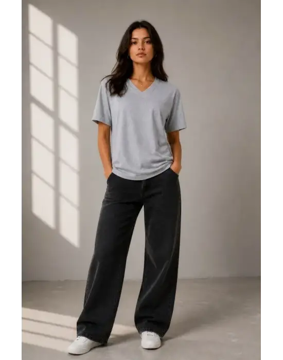 V Yaka Basic Tişört Kısa Kol Yazlık Regular Fit T-Shirt - Gri