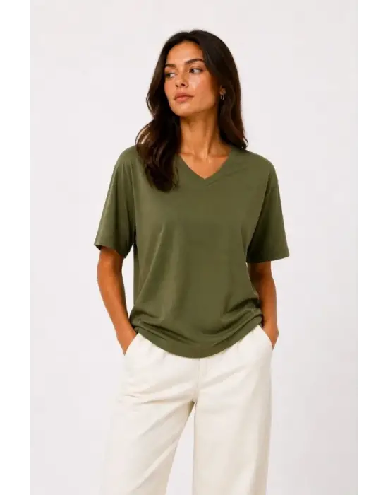 V Yaka Basic Tişört Kısa Kol Yazlık Regular Fit T-Shirt - Haki