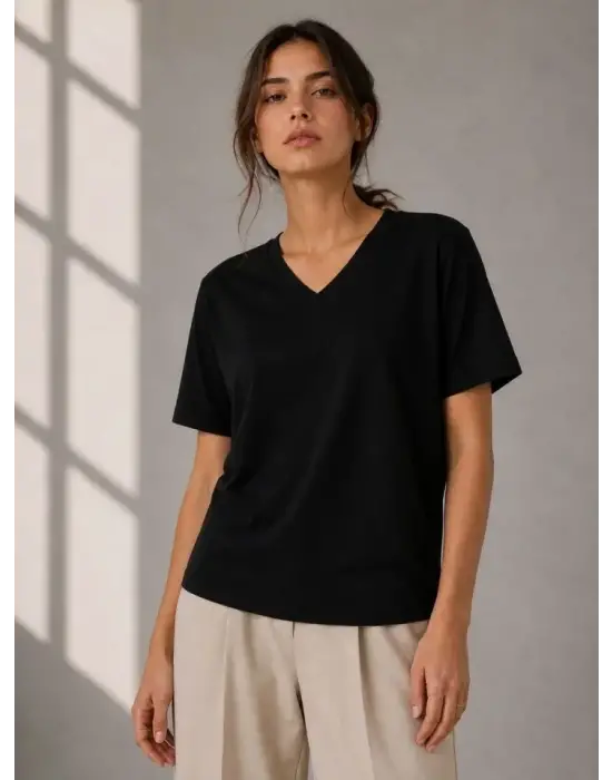 V Yaka Basic Tişört Kısa Kol Yazlık Regular Fit T-Shirt - Siyah