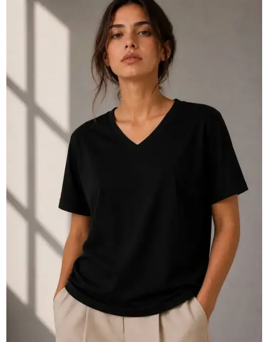 V Yaka Basic Tişört Kısa Kol Yazlık Regular Fit T-Shirt - Siyah