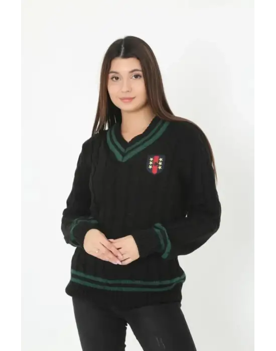 V Yaka Örgülü Kazak - Siyah