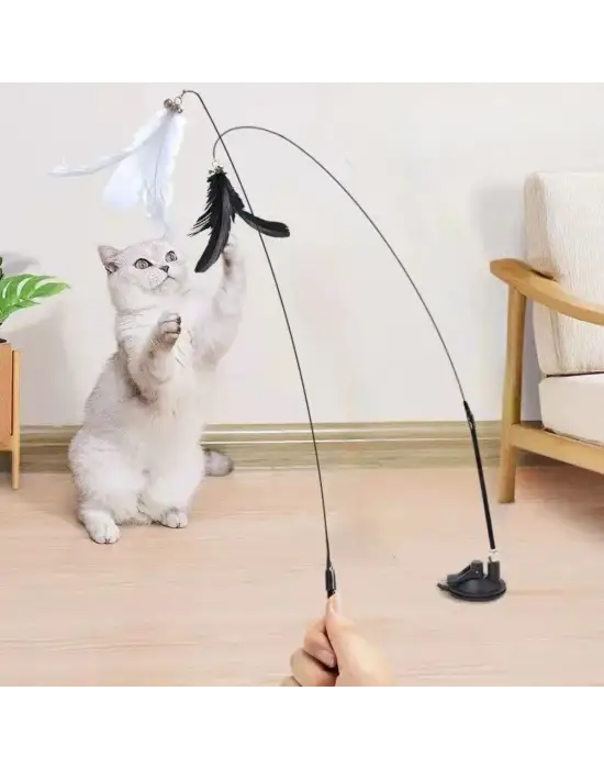 Vantuzlu Tüylü Zilli Olta Kedi Oyuncağı 2 Oltalı