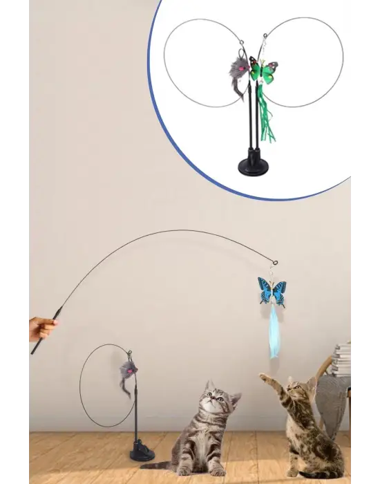 Vantuzlu Tüylü Zilli Olta Kedi Oyuncağı 2 Oltalı