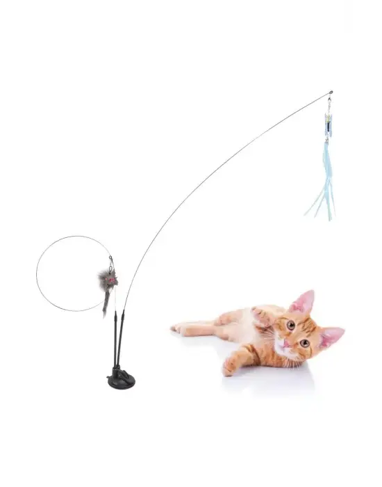 Vantuzlu Tüylü Zilli Olta Kedi Oyuncağı 2 Oltalı