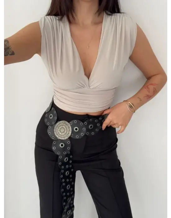 Vatkalı Kolsuz V Yaka Drapeli Crop Bluz Likralı Fit - Boyalı Gri