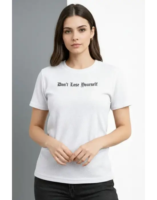 Wafıl Kumaş Tişört Regular Kalıp Bisiklet Yaka Baskılı Günlük Basic T-Shirt - Beyaz