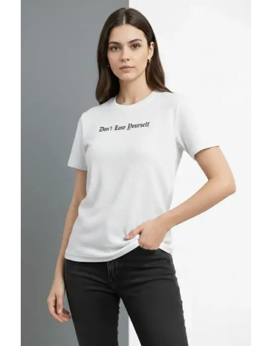 Wafıl Kumaş Tişört Regular Kalıp Bisiklet Yaka Baskılı Günlük Basic T-Shirt - Beyaz