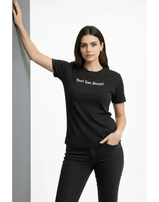Wafıl Kumaş Tişört Regular Kalıp Bisiklet Yaka Baskılı Günlük Basic T-Shirt - Siyah