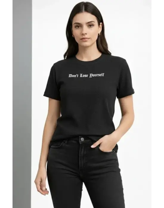 Wafıl Kumaş Tişört Regular Kalıp Bisiklet Yaka Baskılı Günlük Basic T-Shirt - Siyah