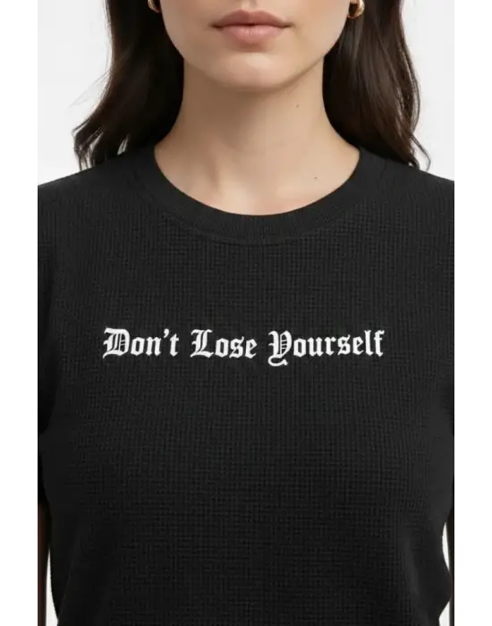 Wafıl Kumaş Tişört Regular Kalıp Bisiklet Yaka Baskılı Günlük Basic T-Shirt - Siyah
