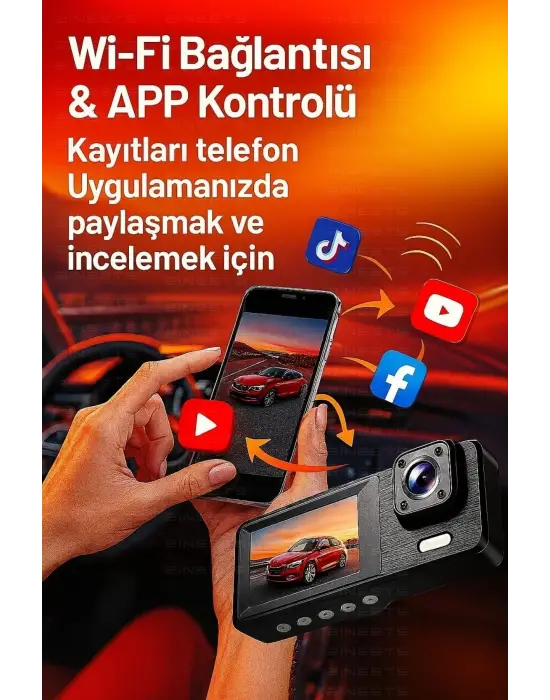 Wifi 1080p Araç İçi 3 Kameralı Lcd Ekranlı Gece Görüşlü , G-sensör , Geri Görüş Kamera