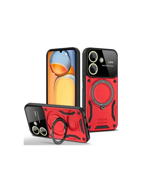 Xiaomi Redmi 13c Kılıf Joy Lens Standlı Kapak - Kırmızı