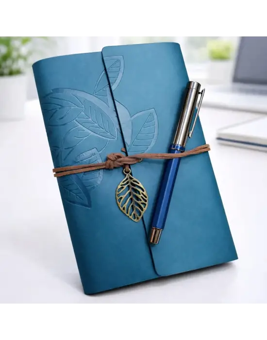 Yaprak Desenli Deri Defter Ve Lacivert Metal Roller Kalem Seti