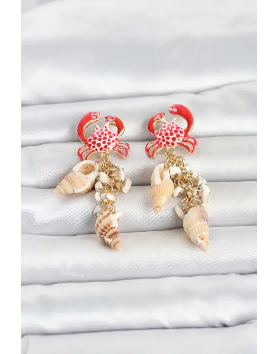 Yengeç Model Deniz Kabuğu Detaylı Kadın Küpe