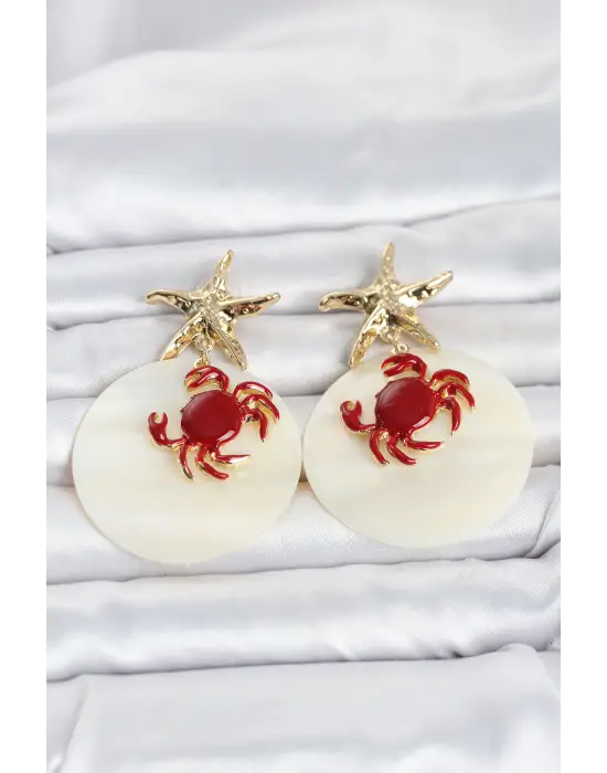 Yengeç Model Yıldız Detaylı Sedefli Kadın Küpe