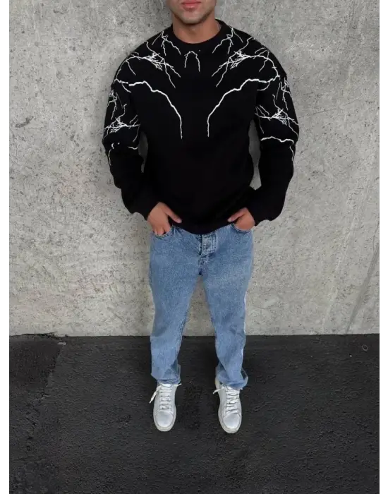 Yıldırım Baskılı Bisiklet Yaka SweatShirt - Siyah