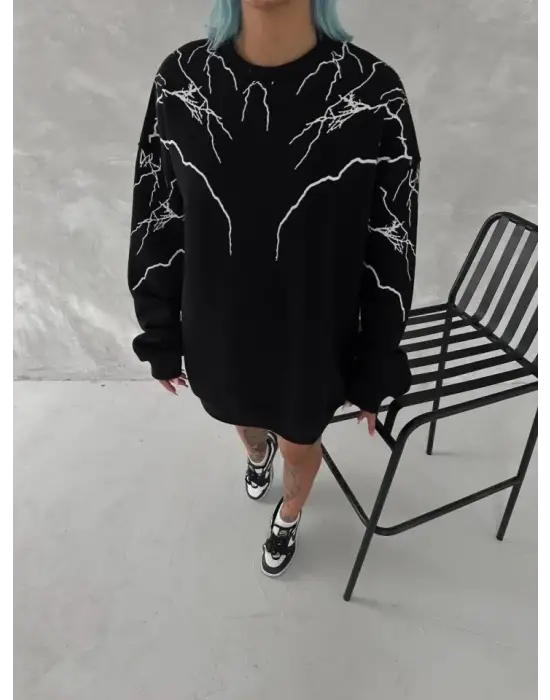 Yıldırım Baskılı Bisiklet Yaka SweatShirt - Siyah