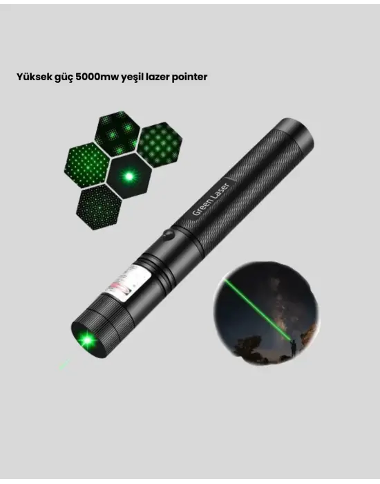 Yüksek Güçlü Yeşil Lazer Pointer 5000mw Şarjlı