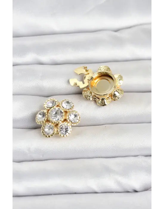 Zirkon Taşlı Çiçek Model Düğme veya Manşet Broşu