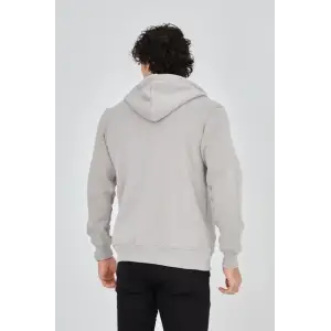 Erkek Kapüşonlu Baskılı Fermuarlı Hırka - Boyalı Gri