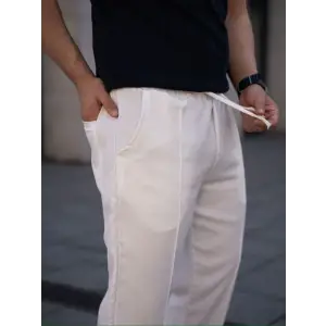 Erkek Keten Cepli Çıma Dikişli Jogger Buggy Pantalon Rahat Kalıp - Beyaz