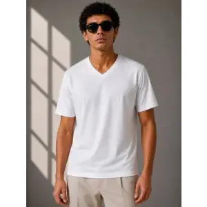 Erkek V Yaka Basic Tişört Kısa Kol Yazlık Regular Fit T-Shirt - Beyaz