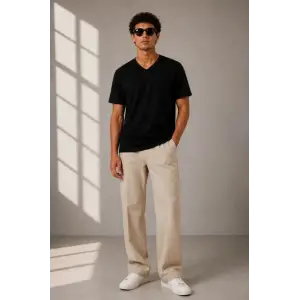 Erkek V Yaka Basic Tişört Kısa Kol Yazlık Regular Fit T-Shirt - Siyah