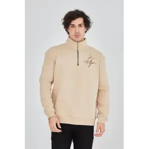 Erkek Yarım Fermuarlı Baskılı Sweat - Bej