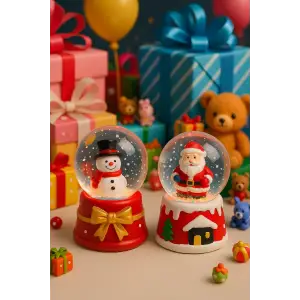 2 Adet Led Işıklı Mini Kar Küresi 6,5 cm – Noel Baba & Kardan Adam Dekoratif Işıklı Biblo