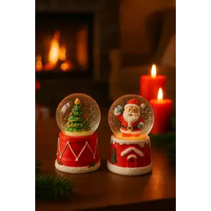 2 Adet Mini Kar Küresi 6,5 cm – Noel Baba & Çam Ağacı Temalı Dekoratif Yılbaşı Biblo