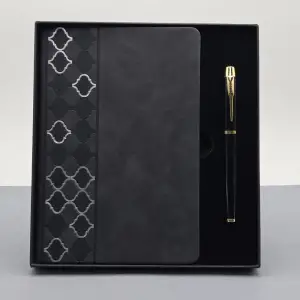 Desenli Siyah Deri Defter Kalem Set