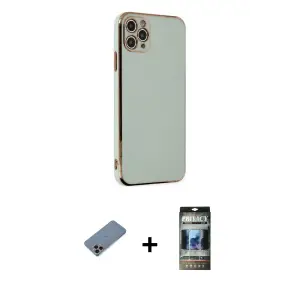 ieg™ iPhone 11 Pro Max Kılıf Yankı Serisi - Siyah 34D Hayalet Izgaralı Cam + Shine Kamera Lens Koruma Cam - PE