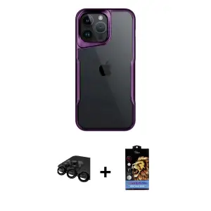 ieg™ iPhone 15 Pro Max Kılıf Akış Çizgi Koleksiyonu - Siyah Buffer Hayalet Cam Ekran Koruyucu + Raze Metal Kamera Lens - SH