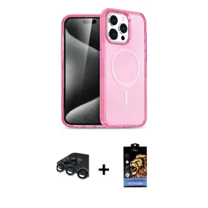ieg™ iPhone 15 Pro Max Kılıf Eksen Doku Koleksiyonu - Siyah Buffer Hayalet Cam Ekran Koruyucu + Raze Metal Kamera Lens - LT