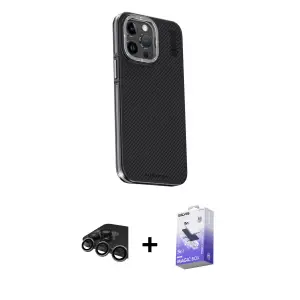 ieg™ iPhone 15 Pro Max Kılıf Kıvılcım Modern Özel Seri - Siyah Bilvis 5in1 5D Magic Hayalet Cam Ekran Koruyucu + Raze Metal Kamera Lens - TMGI