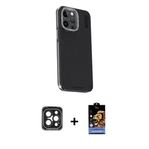 ieg™ iPhone 15 Pro Max Kılıf Kıvılcım Modern Özel Seri - Siyah Buffer Hayalet Cam Ekran Koruyucu + PVD Metal Kamera Lens - SH