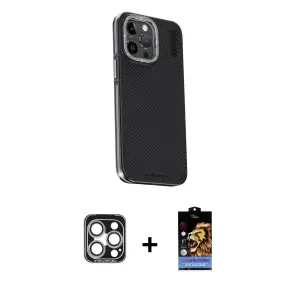 ieg™ iPhone 15 Pro Max Kılıf Kıvılcım Modern Özel Seri - Siyah Buffer Hayalet Cam Ekran Koruyucu + PVD Metal Kamera Lens - GS