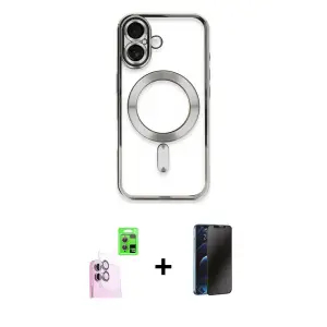 ieg™ iPhone 16 Plus Kılıf Nova Işık Özel Seri - Siyah 3D Antistatik Hayalet Cam Ekran Koruyucu + Raze Metal Kamera Lens - PE