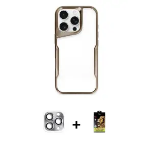 ieg™ iPhone 16 Pro Max Kılıf Akış Çizgi Koleksiyonu - Siyah Buffer Cam Ekran Koruyucu + Pers Alüminyum Kamera Lens - GI