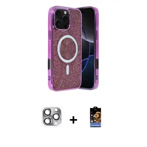 ieg™ iPhone 16 Pro Max Kılıf Eksen Çizgi - Siyah Buffer Hayalet Cam Ekran Koruyucu + Pers Alüminyum Kamera Lens - GI