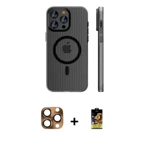 ieg™ iPhone 16 Pro Max Kılıf Pusula Minimal Koleksiyonu - Siyah Buffer Cam Ekran Koruyucu + Pers Alüminyum Kamera Lens - CLTM