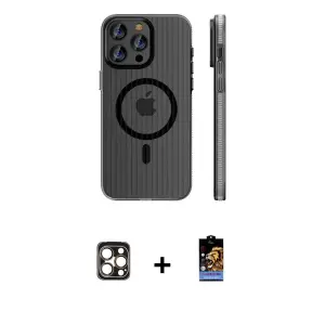 ieg™ iPhone 16 Pro Max Kılıf Pusula Minimal Koleksiyonu - Siyah Buffer Hayalet Cam Ekran Koruyucu + PVD Metal Kamera Lens - GD