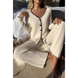 ieg™ Kadın Beyaz Örme Kumaş V Yaka Düğmeli Rahat Şık Pijama Takımı