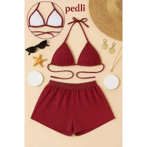ieg™ Kadın Bordo Şortlu Belden ve Boyundan Bağlamalı Bikini Takımı