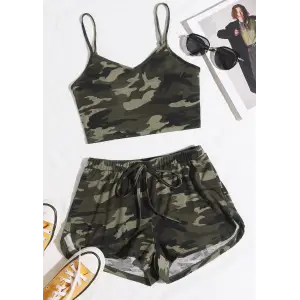 ieg™ Kadın Kamuflaj Desenli Askılı Crop Top ve Şortlu Gecelik Takım